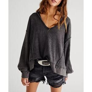 Free People We the Free Black Buttercup Thermal Long Sleeve Top Size XS